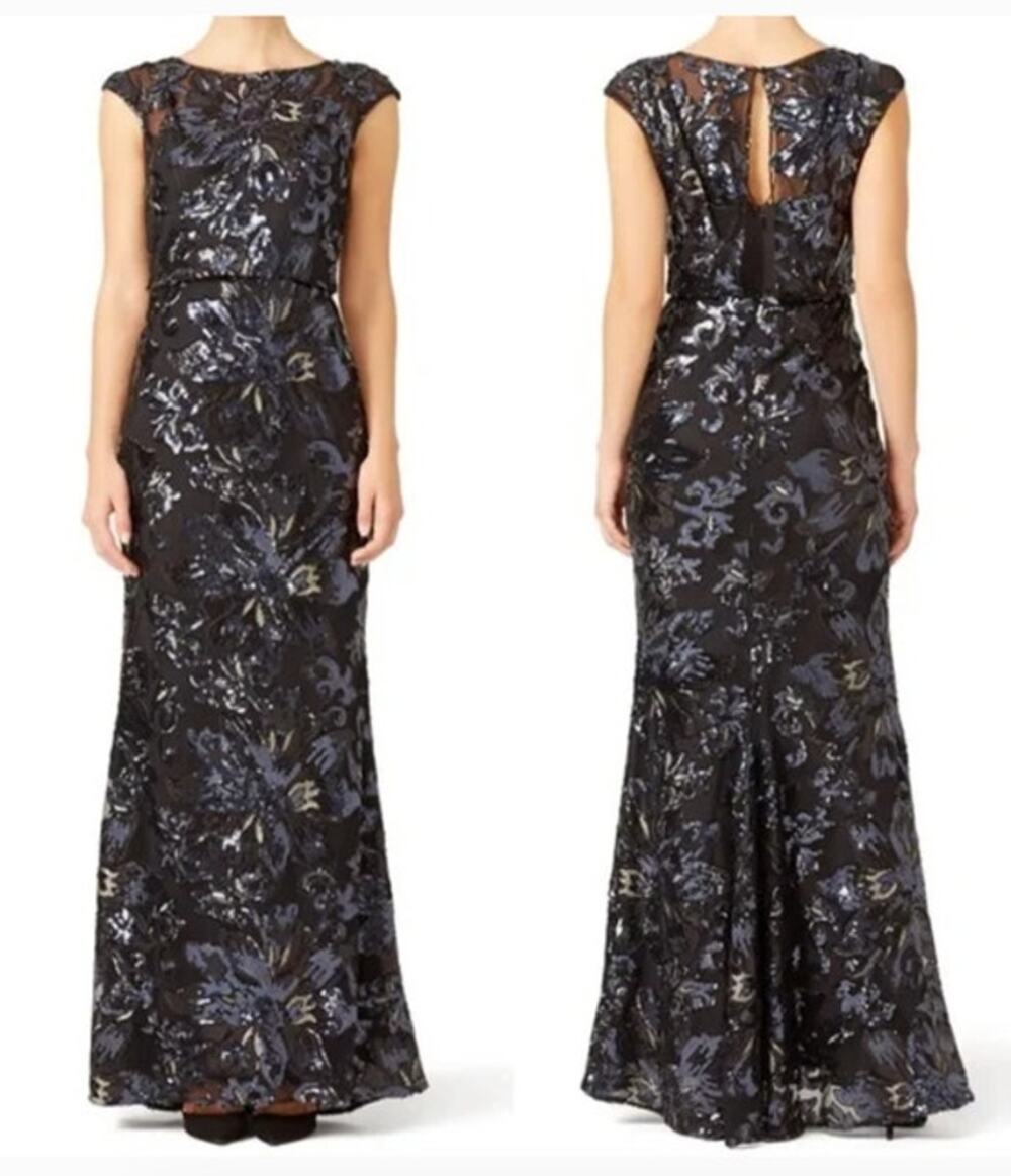 Badgley Mischka Midnight Swirl Gown Sequin Boat Neck Keyhole Back Maxi Dress 4
